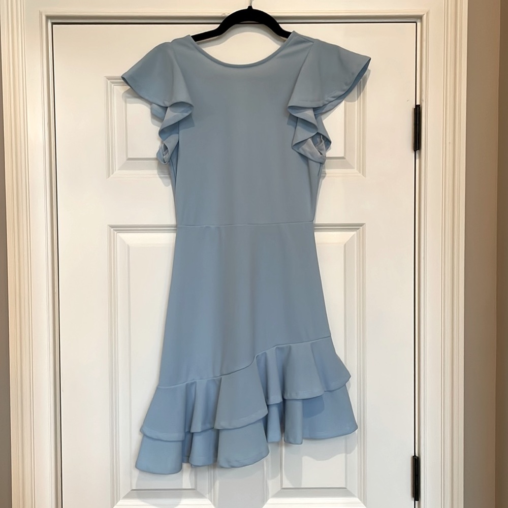 Baby blue asymmetrical almost knee length dress